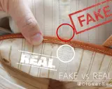 Zbliżenie na wnętrze torby Louis Vuitton Neverfull, porównujące szwy oryginału i podróbki.