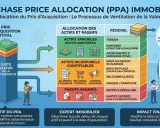 Schéma illustrant l'allocation du prix d'acquisition (PPA) dans l'immobilier, détaillant actifs tangibles, incorporels, passifs, et le concept de franchise opposable.