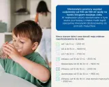 Chłopiec nie chce pić, ale na obrazku widać, jak trzyma szklankę wody. Obok znajduje się tabela z zalecanym dziennym spożyciem wody dla dzieci.