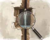 Une loupe examine un tuyau d'eau fissuré dans un mur délabré. L'inspection révèle le problème à proprement parler.