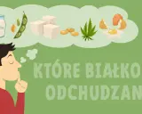 Mężczyzna zastanawia się nad źródłami białka: mleko, fasola, tofu, konopie, jajka.