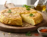 Una fetta di frittata di patate dorata e soffice, guarnita con prezzemolo, su un tagliere di legno.