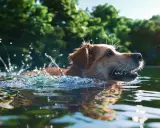 Złoty retriever radośnie pływa w jeziorze, rozpryskując wodę. Czy każdy pies umie pływać? Ten z pewnością tak!