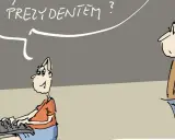 Chłopiec pyta, czy ma bierne prawo wyborcze, pisząc na laptopie. Starszy mężczyzna patrzy z dezaprobatą.