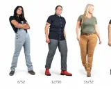 Five women in workwear, showcasing different sizes and styles. One wears size 33 in US jeans.