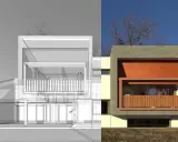 Diseño arquitectónico de una casa moderna, mostrando los pasos a seguir para construirla, desde el boceto hasta la imagen final.