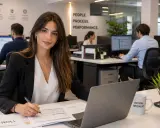 Donna sorridente in ufficio, con tazza "Payroll Specialist", lavora a report. Attenta al customer care.