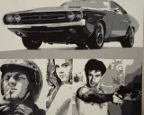 Pop arts: Ein Dodge Challenger und drei Figuren, ein Mann mit Helm, eine Frau mit blauen Augen und ein Mann mit Waffe, im Stil von Pop Art.
