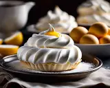 Tartelette garnie d'une généreuse meringue italienne, surmontée d'une touche de jaune d'œuf. Des citrons et des œufs sont disposés en arrière-plan.