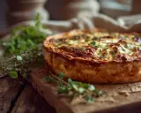 Une quiche dorée, spécialité culinaire du Grand Est, garnie d'herbes fraîches, sur une planche en bois rustique.