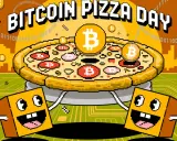 Dwie postacie w kształcie pudełka z uśmiechem świętują Dzień Pizzy Bitcoin. Na pizzy widnieją symbole Bitcoin, nawiązując do historii Laszlo Hanyecz.