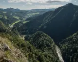 Widok z góry na dolinę rzeki i zalesione wzgórza. W oddali widać zabudowania. To piękny krajobraz, idealny na wędrówkę szlakiem sokolica.