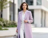 Elegancka kobieta w płaszczu w kolorze liliowym, który jest delikatnym odcieniem fioletu z nutą różu, idzie ulicą.