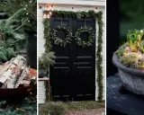 Vacker granris dekoration ute med ljusslingor. Kransar på dörren, ved i skål och hyacinter i kruka skapar julstämning.