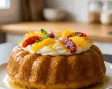 Savoureux savarin recette, garni de crème fouettée et d'agrumes frais. Un délice visuel et gustatif.
