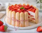 Eine köstliche Erdbeer Charlotte, umhüllt von Löffelbiskuits und dekoriert mit frischen Erdbeeren und Minze.