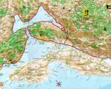 Zatoka Kotorska mapa: szczegółowy plan z zaznaczonymi miastami, drogami i punktami widokowymi.