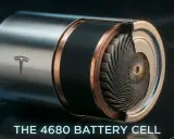 Coupe transversale d'une nouvelle batterie Tesla 4680, révélant sa structure interne enroulée.