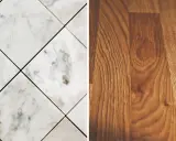 Comparación de un suelo laminado de madera con un suelo de mármol.