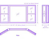 Diseño de ventana mirador con paneles laterales inclinados y medidas.
