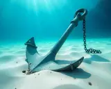 Un type d'ancre, posé sur le sable blanc d'un fond marin clair, sous des rayons de soleil traversant l'eau turquoise.