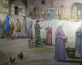 Auf einer Burg lebten Menschen verschiedenster Berufe: Händler, Schmiede und Bauern. Hier ein lebhaftes Markttreiben.