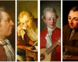 Fyra porträtt av Carl Michael Bellman. En gråter, en spelar luta, en skriver.