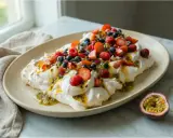 En stor pavlova bakelse med vispgrädde, färska bär och passionsfruktssås.