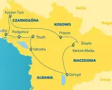 Mapa pokazuje trasę podróży przez Czarnogórę, Kosowo, Macedonię i Albanię. Gdzie jest Albania? Na mapie widać ją na południu, obok Macedonii i Grecji.