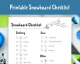 Checklista snowboardowa z ikonami odzieży i sprzętu, w tym kask, gogle i deska.
