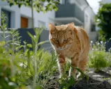 Eine orange getigerte Katze schleicht durch den Garten. Hoffentlich hinterlässt sie keinen Katzenkot im Garten.
