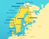 Trasa podróży przez Norwegię i Szwecję, obejmująca Nordkapp, Rovaniemi, Sztokholm i Oslo.