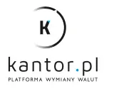 Logo kantor.pl, platformy wymiany walut. Litera K w okręgu, poniżej nazwa strony i hasło.