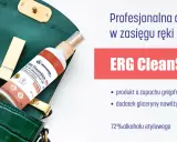 Butelka płynu do dezynfekcji rąk ERG CleanSkin PRO w zielonej torebce z telefonem i szminką.