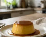 Un délicieux flan aux œufs, nappé de caramel, repose sur une assiette en céramique. Un petit ramequin vide est à côté.