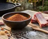 Zutaten für ein köstliches BBQ Rub Rezept: Rippchen, Gewürzmischung in einer Schale, Knoblauch, Zucker, Salz und Pfefferkörner auf einem Holztisch.