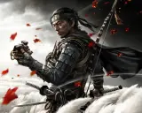 Samuraj z gry Ghost of Tsushima trzyma maskę, otoczony przez spadające liście i wysokie trawy.