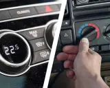 Panel de control de un coche mostrando la diferencia entre climatizador y aire acondicionado. Uno muestra 22.5°C, el otro una mano ajustando la temperatura.