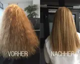 Vorher: krauses, trockenes Haar. Nachher: glattes, gesund aussehendes Haar dank Keratin-Glättung.