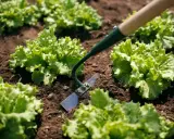 A hoe, one of the essential garden implements, is used to tend to rows of fresh green lettuce growing in dark soil.