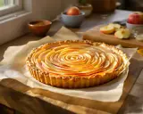 Délicieuse tarte aux pommes en spirale sur une pâte feuilletée dorée, prête à être dégustée.