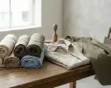Rolled linen fabrics in natural tones and a linen shirt and jacket, showcasing the beautiful linen source.
