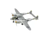 Silbernes P-38 Lightning RC-Modellflugzeug mit gelben Propellern und Markierungen.