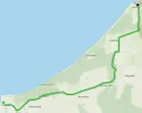 Mapa szlaku zwiniętych torów od Ustki przez Półwysep Helski do Rowów, wzdłuż wybrzeża Bałtyku i jeziora Gardno.