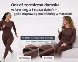 Dwie kobiety w brązowej odzieży termoaktywnej. Jedna biega, druga siedzi z kubkiem. Pokazano, jak działa odzież termoaktywna, odprowadzając wilgoć.