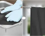 Manos enguantadas sumergen ropa negra en un recipiente, luego la prenda cuelga seca. Proceso para teñir ropa negra.
