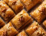 Słodka, złocista baklawa turecka, polana syropem i ozdobiona orzechami włoskimi i pistacjami, kusi swoim wyglądem.