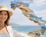 Donna sorridente con cappello di paglia su spiaggia italiana, ideale per sapere dove andare in vacanza a maggio in Italia.