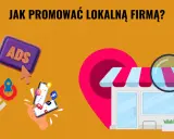 Grafika przedstawia elementy **marketingu lokalnego**: sklep, lupę, ikonę lokalizacji, przycisk "ADS", rakietę SEO i smartfon z ikonami mediów społecznościowych.