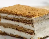 Tranche de gâteau aux couches de biscuit et de crème, saupoudrée de miettes.